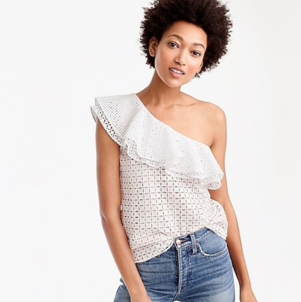 J. Crew White Eyelet One Shoulder Lined Top
